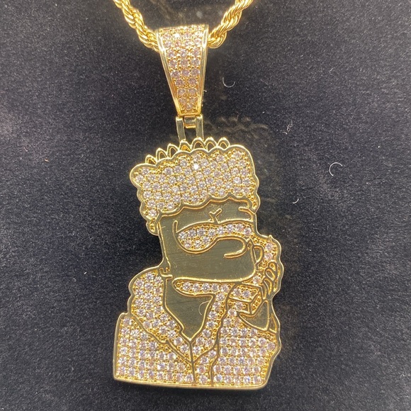Bart Simpson | 14k Gold | High End CZ Pendant w 22’ Gold Rope Chain - Picture 3 of 6